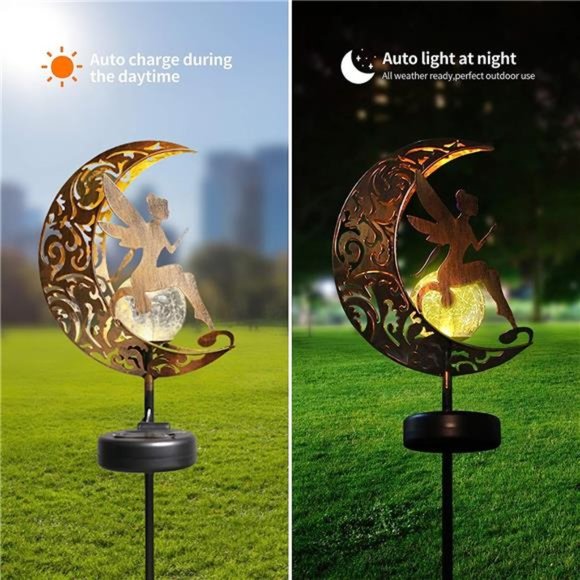 Garden Solar Lights Pathway Stake Lights Moon Fairy Glass Globe with Angel Decor - Picture 4 of 7